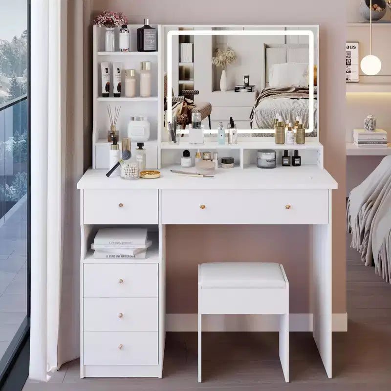 41-Inch Natural Makeup Vanity Desk with Touch-Control LED Mirror, Organized Storage, Matching Stool for Bedroom