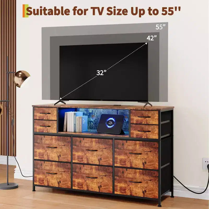 Commode à 10 tiroirs avec support TV, bande lumineuse LED et prises de courant, commode en tissu avec plateau en bois