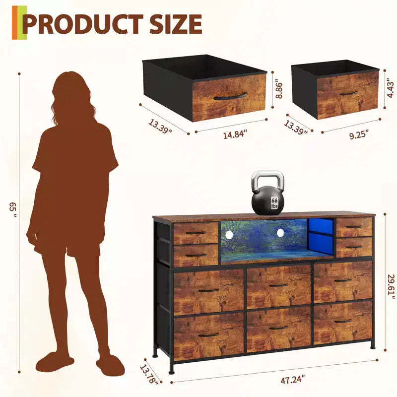 Commode à 10 tiroirs avec support TV, bande lumineuse LED et prises de courant, commode en tissu avec plateau en bois