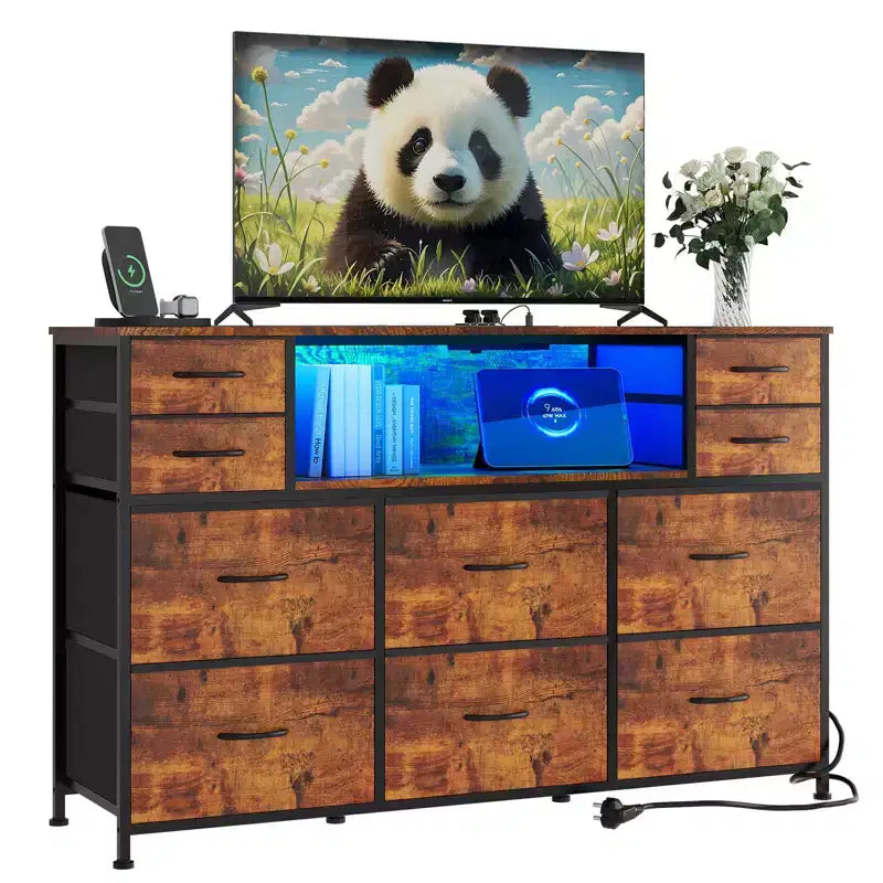 Commode à 10 tiroirs avec support TV, bande lumineuse LED et prises de courant, commode en tissu avec plateau en bois