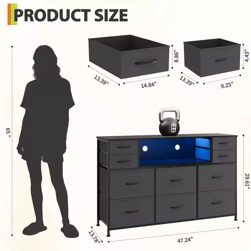 Commode à 10 tiroirs avec support TV, bande lumineuse LED et prises de courant, commode en tissu avec plateau en bois