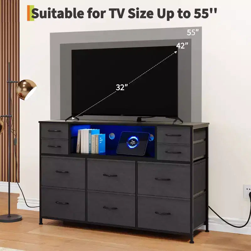 Commode à 10 tiroirs avec support TV, bande lumineuse LED et prises de courant, commode en tissu avec plateau en bois