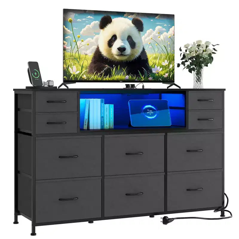 Commode à 10 tiroirs avec support TV, bande lumineuse LED et prises de courant, commode en tissu avec plateau en bois