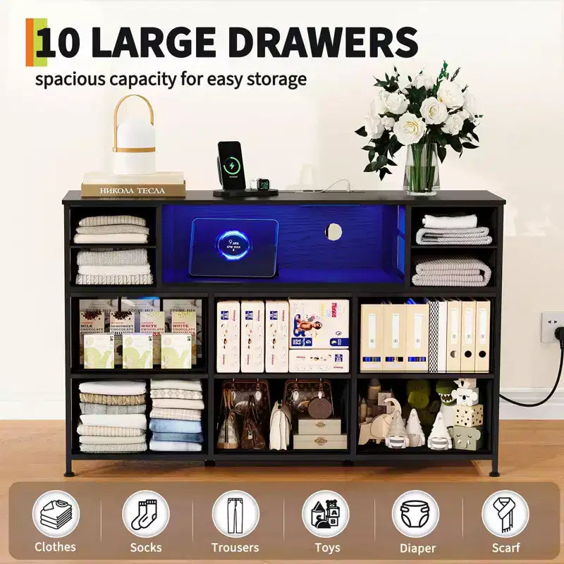 Commode à 10 tiroirs avec support TV, bande lumineuse LED et prises de courant, commode en tissu avec plateau en bois