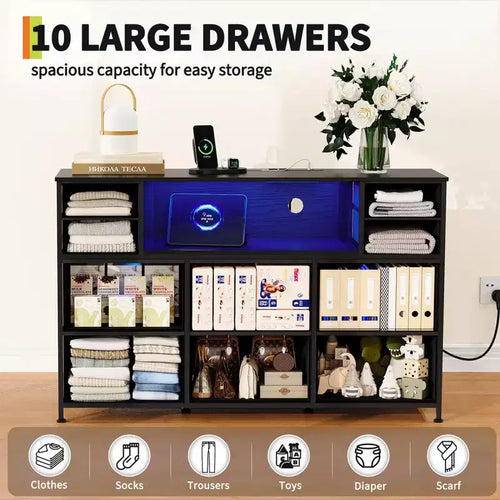 Commode à 10 tiroirs avec support TV, bande lumineuse LED et prises de courant, commode en tissu avec plateau en bois