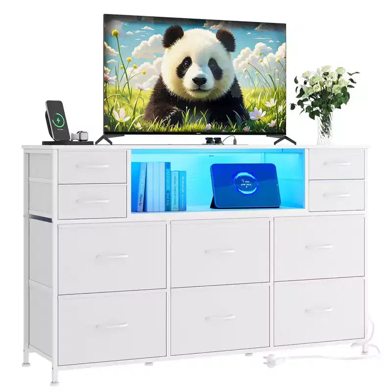 Commode à 10 tiroirs avec support TV, bande lumineuse LED et prises de courant, commode en tissu avec plateau en bois