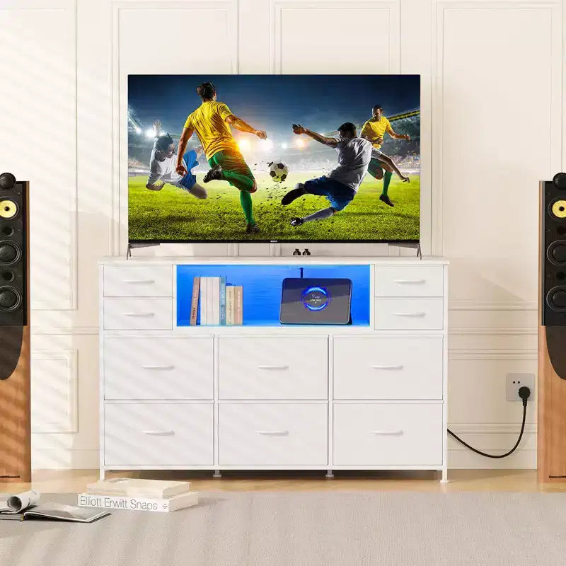 Commode à 10 tiroirs avec support TV, bande lumineuse LED et prises de courant, commode en tissu avec plateau en bois