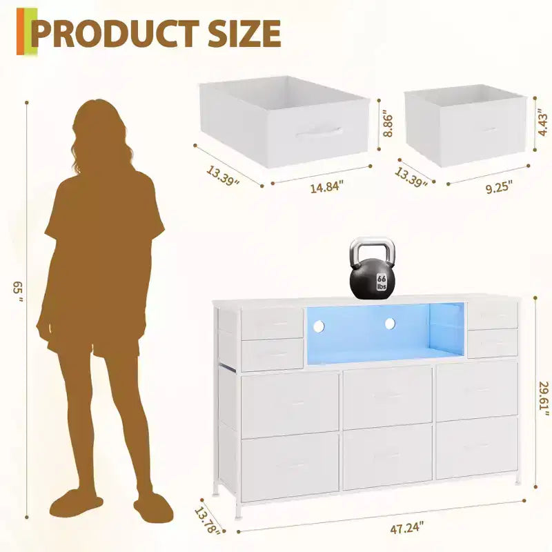 Commode à 10 tiroirs avec support TV, bande lumineuse LED et prises de courant, commode en tissu avec plateau en bois