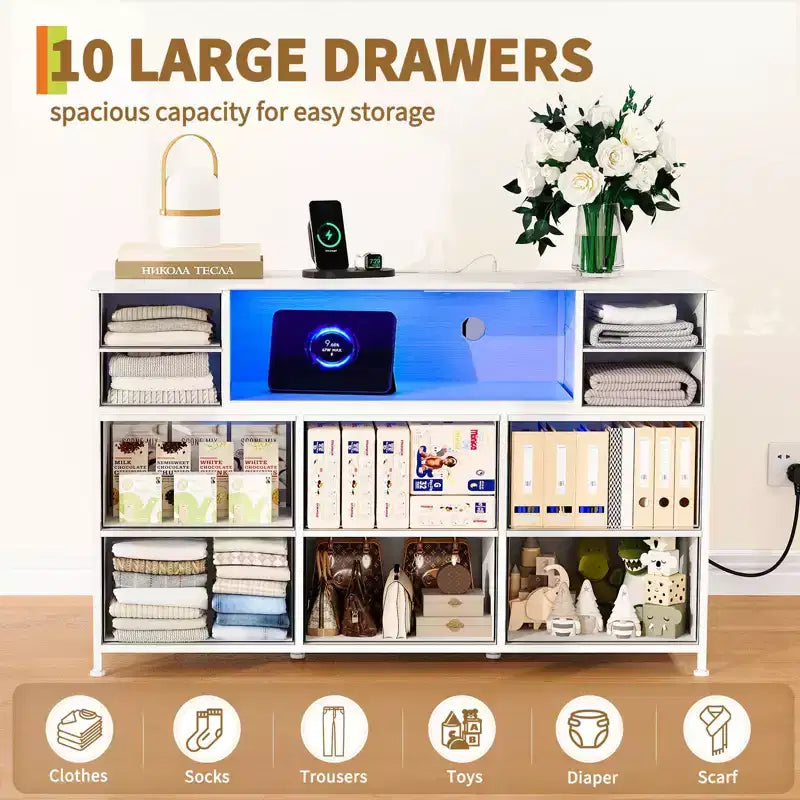 Commode à 10 tiroirs avec support TV, bande lumineuse LED et prises de courant, commode en tissu avec plateau en bois