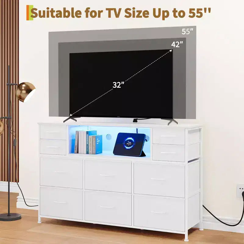 Commode à 10 tiroirs avec support TV, bande lumineuse LED et prises de courant, commode en tissu avec plateau en bois