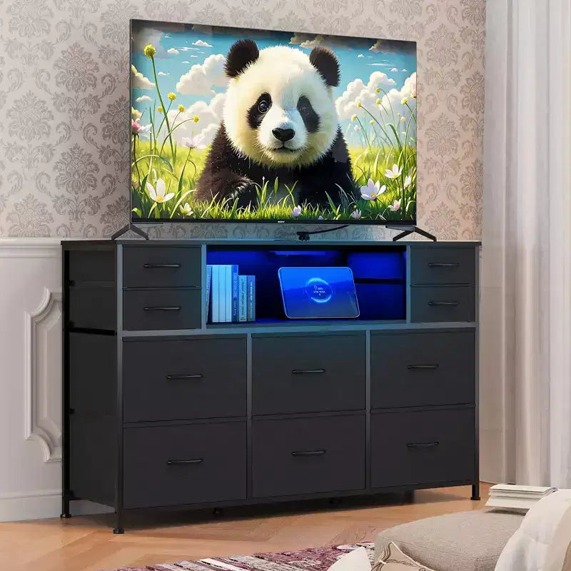Commode à 10 tiroirs avec support TV, bande lumineuse LED et prises de courant, commode en tissu avec plateau en bois
