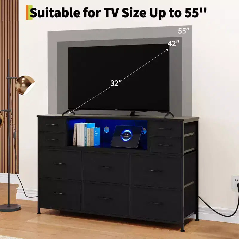 Commode à 10 tiroirs avec support TV, bande lumineuse LED et prises de courant, commode en tissu avec plateau en bois