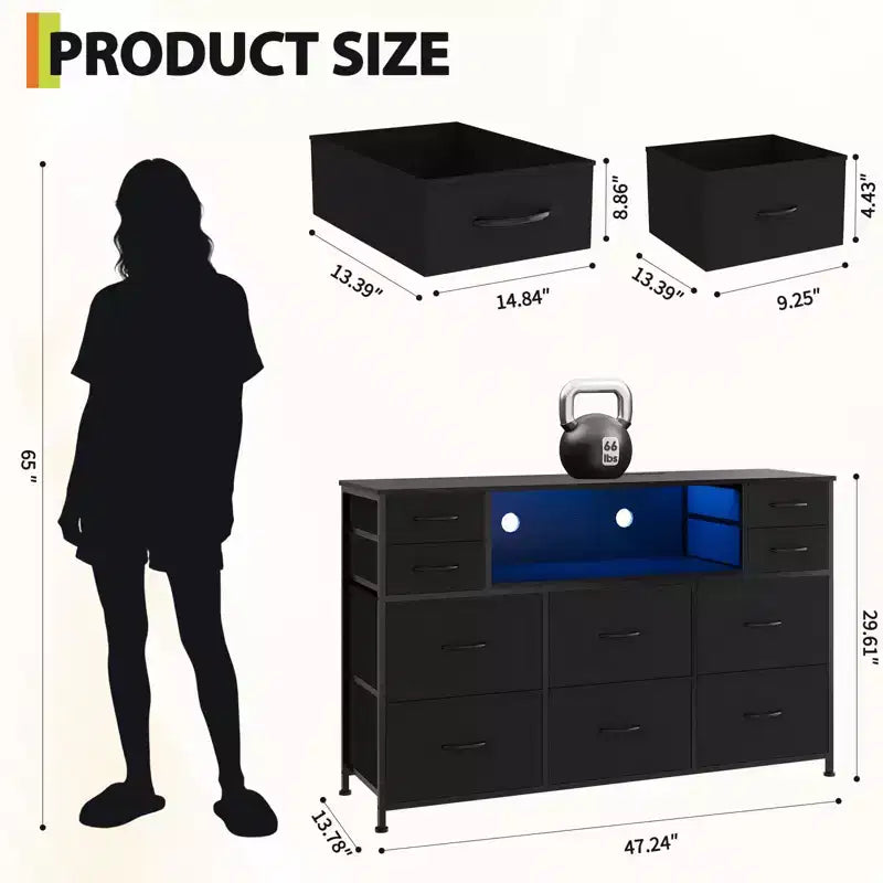 Commode à 10 tiroirs avec support TV, bande lumineuse LED et prises de courant, commode en tissu avec plateau en bois