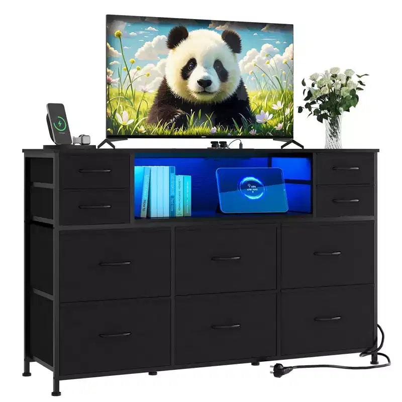 Commode à 10 tiroirs avec support TV, bande lumineuse LED et prises de courant, commode en tissu avec plateau en bois