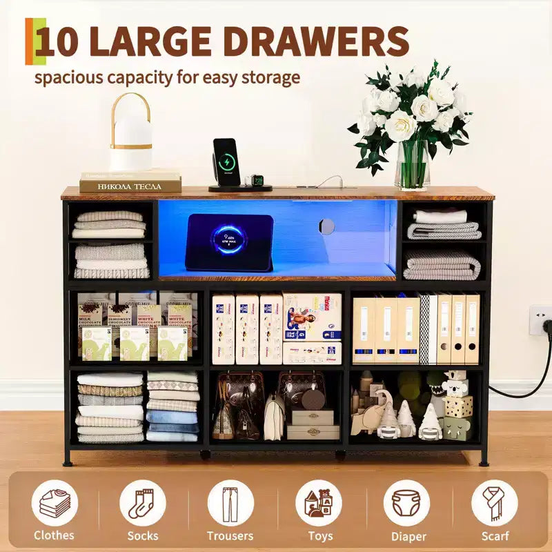 Commode à 10 tiroirs avec support TV, bande lumineuse LED et prises de courant, commode en tissu avec plateau en bois