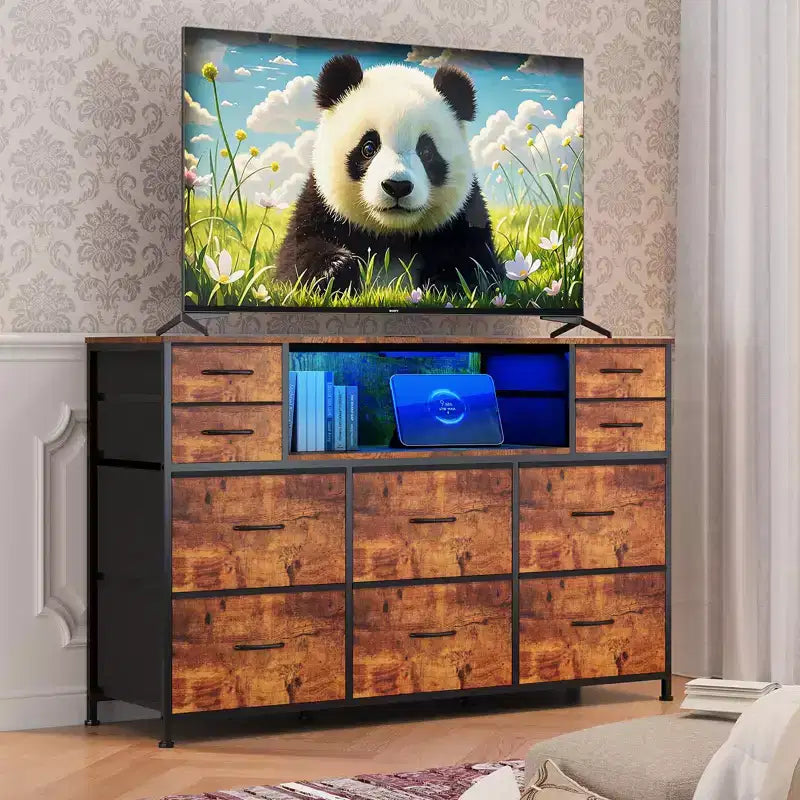 Commode à 10 tiroirs avec support TV, bande lumineuse LED et prises de courant, commode en tissu avec plateau en bois