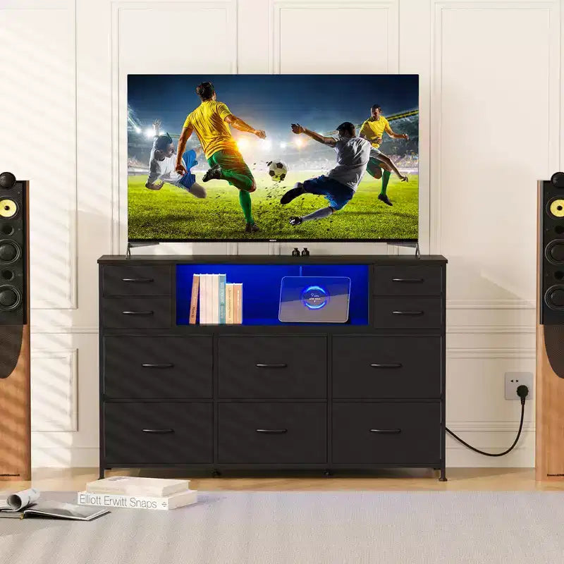 10-Drawer Dresser TV Stand, LED Light Strip & Power Outlets, Fabric Drawer Chest with Wood Top, Entertainment Center for 55 Inch TV, Storage Dresser