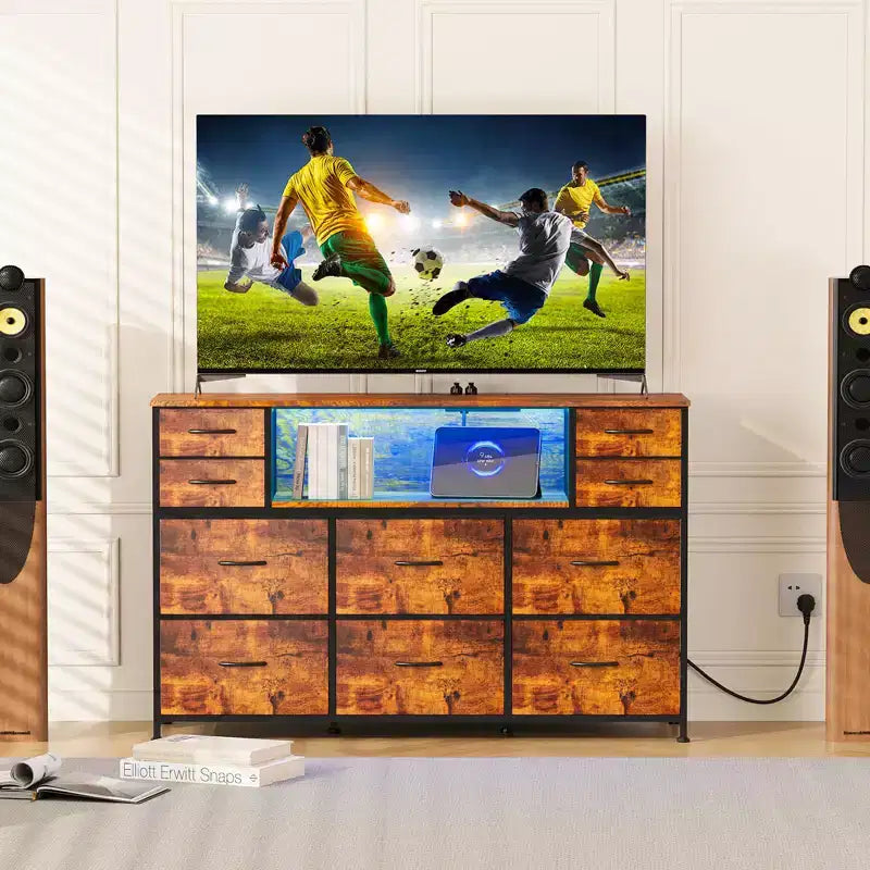 Commode à 10 tiroirs avec support TV, bande lumineuse LED et prises de courant, commode en tissu avec plateau en bois