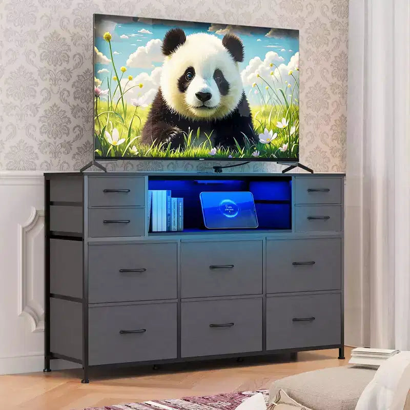 Commode à 10 tiroirs avec support TV, bande lumineuse LED et prises de courant, commode en tissu avec plateau en bois