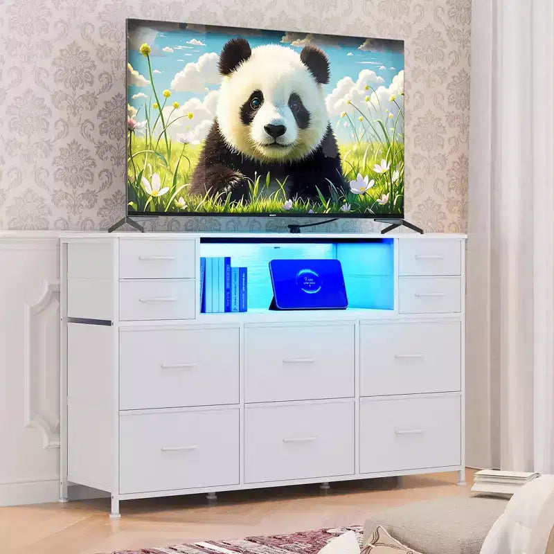 Commode à 10 tiroirs avec support TV, bande lumineuse LED et prises de courant, commode en tissu avec plateau en bois