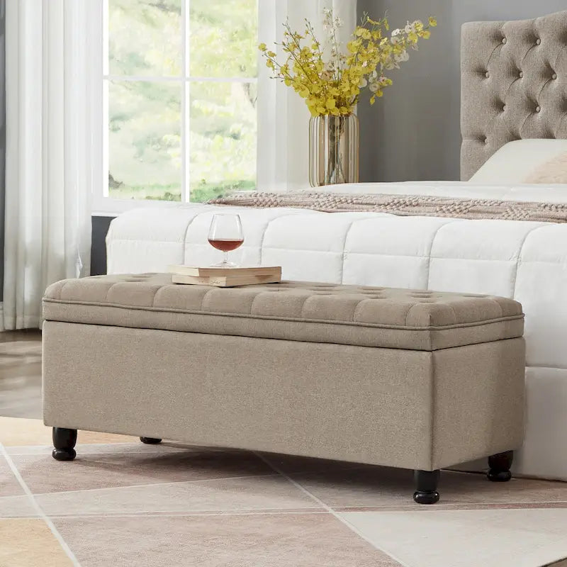 Linen Fabric Tufted Button Storage Bench with Spindle Wooden Legs