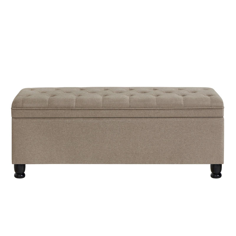 Linen Fabric Tufted Button Storage Bench with Spindle Wooden Legs