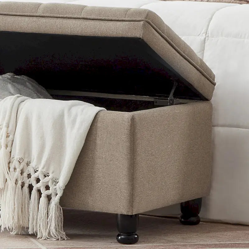 Linen Fabric Tufted Button Storage Bench with Spindle Wooden Legs