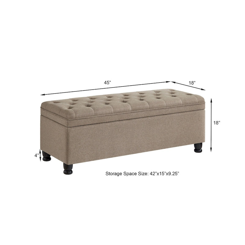 Linen Fabric Tufted Button Storage Bench with Spindle Wooden Legs