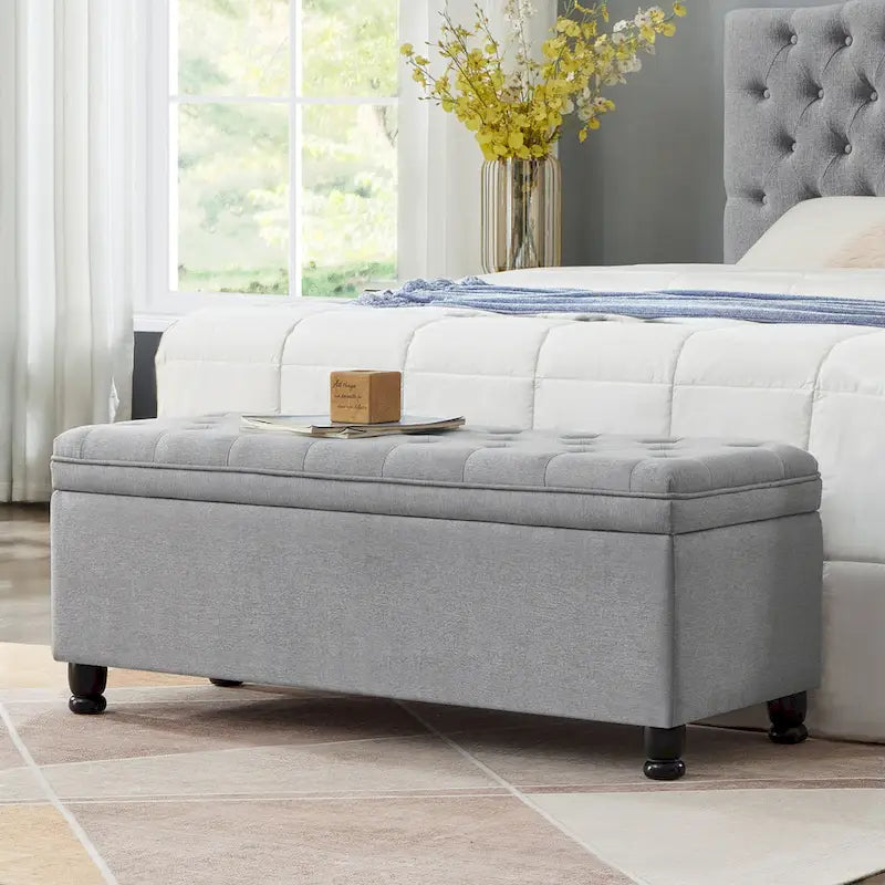 Linen Fabric Tufted Button Storage Bench with Spindle Wooden Legs