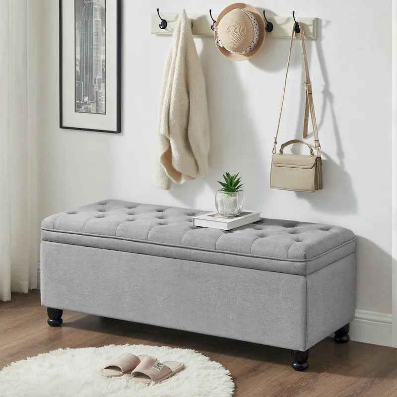 Linen Fabric Tufted Button Storage Bench with Spindle Wooden Legs
