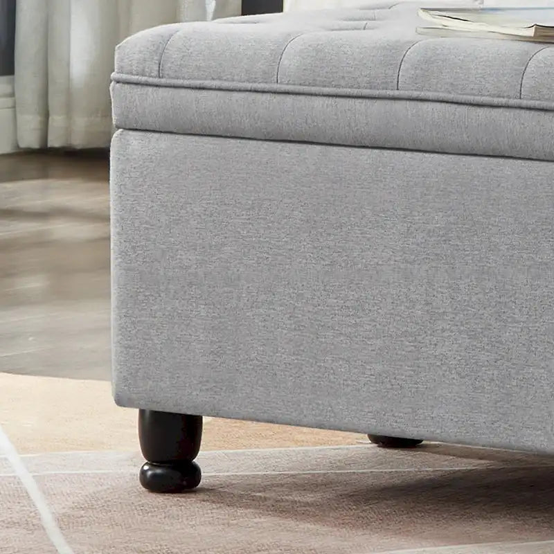 Linen Fabric Tufted Button Storage Bench with Spindle Wooden Legs