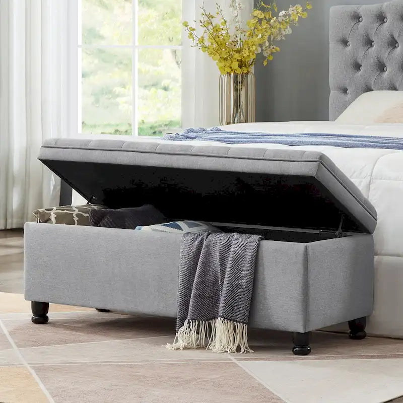 Linen Fabric Tufted Button Storage Bench with Spindle Wooden Legs