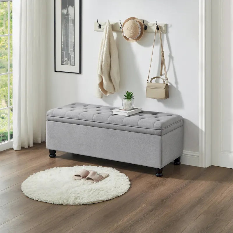 Linen Fabric Tufted Button Storage Bench with Spindle Wooden Legs