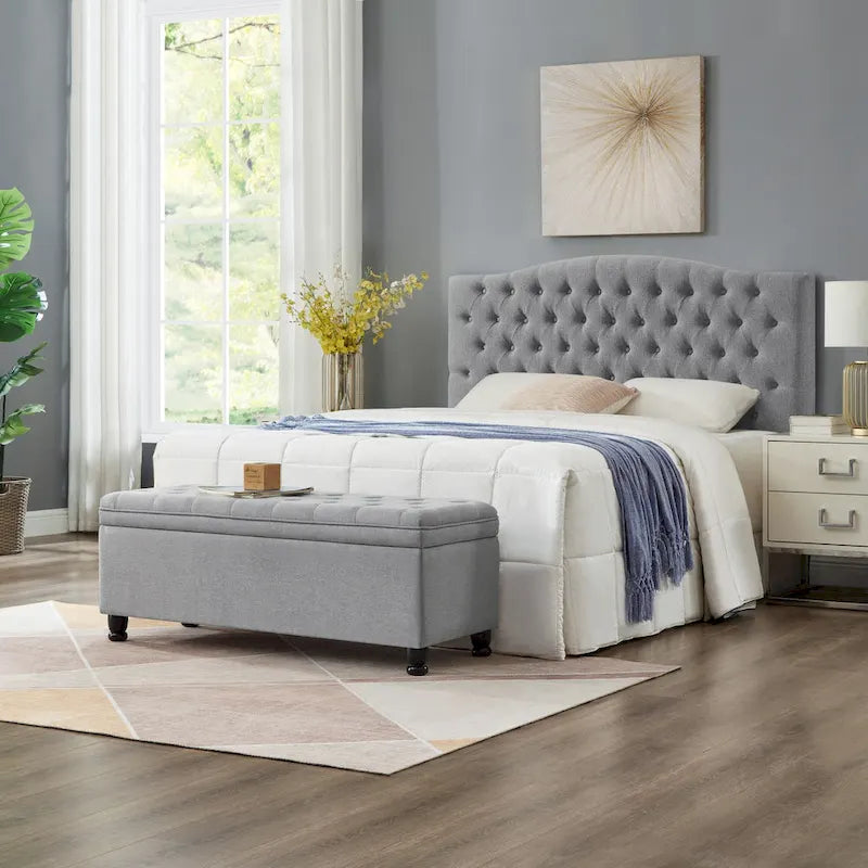 Linen Fabric Tufted Button Storage Bench with Spindle Wooden Legs