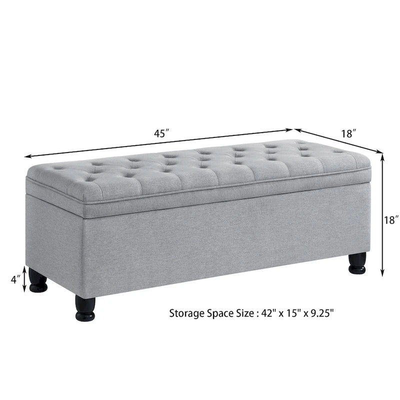 Linen Fabric Tufted Button Storage Bench with Spindle Wooden Legs