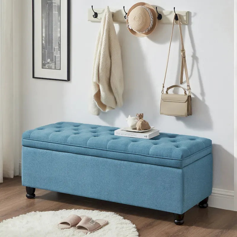 Linen Fabric Tufted Button Storage Bench with Spindle Wooden Legs