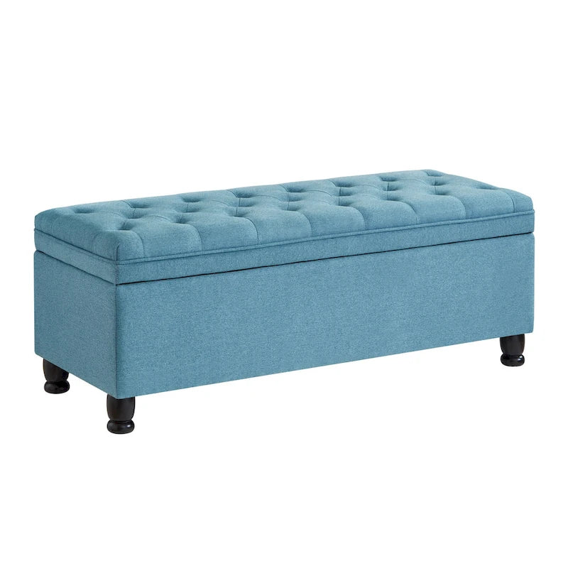 Linen Fabric Tufted Button Storage Bench with Spindle Wooden Legs