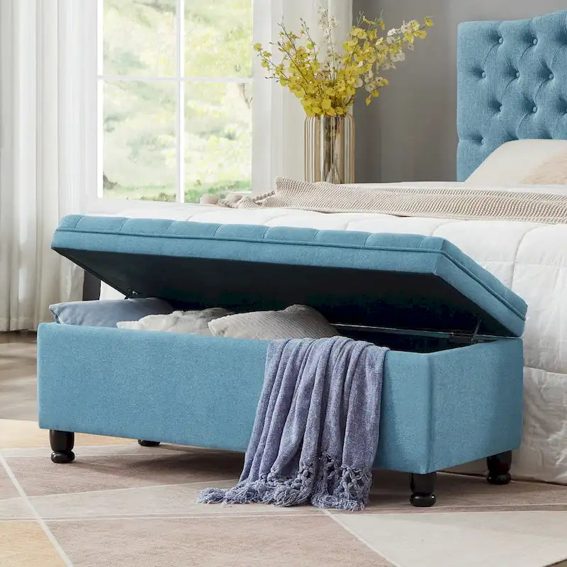 Linen Fabric Tufted Button Storage Bench with Spindle Wooden Legs