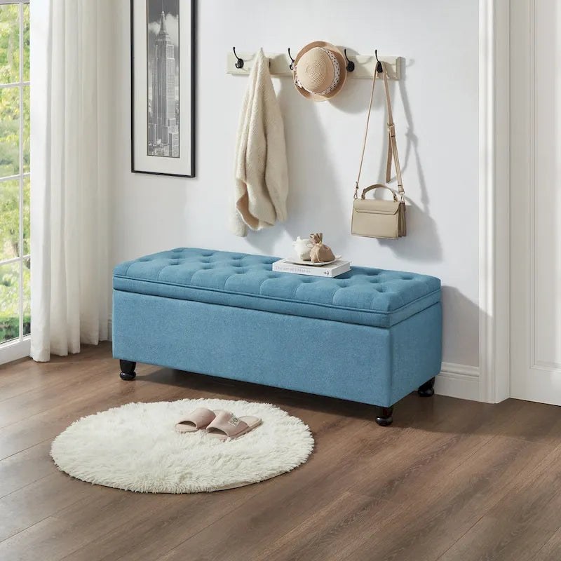 Linen Fabric Tufted Button Storage Bench with Spindle Wooden Legs