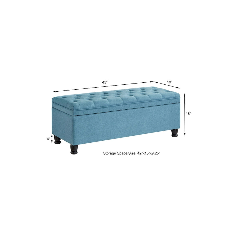 Linen Fabric Tufted Button Storage Bench with Spindle Wooden Legs