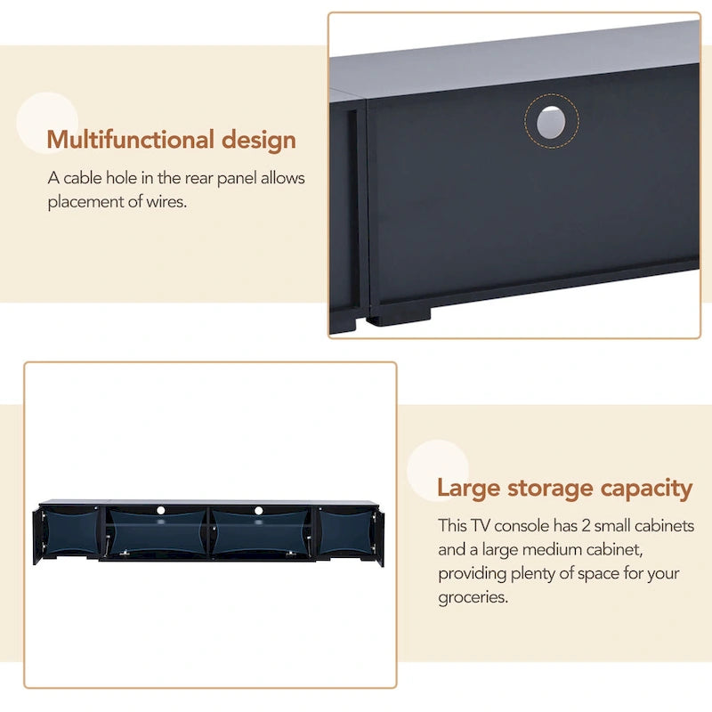 Black 82.6 TV Stand with Push-Open Doors & LED for 90 TVs