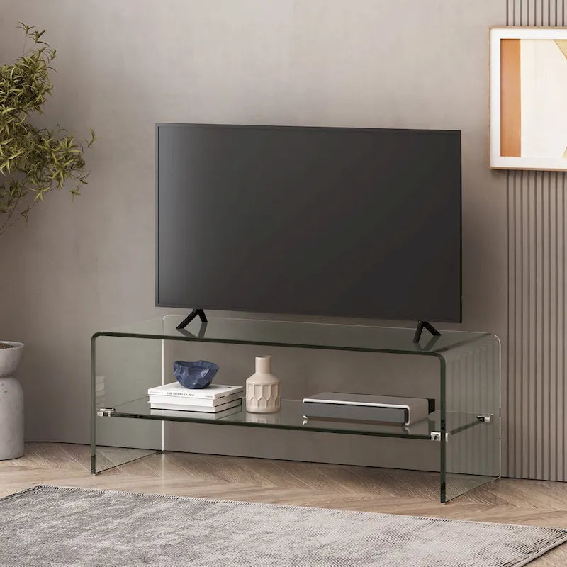 Clear 39.37 TV Stand with Open Back Design and Glass Shelf for TVs Up to 39