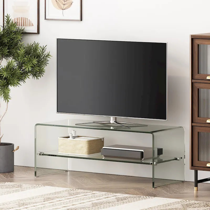 Clear 39.37 TV Stand with Open Back Design and Glass Shelf for TVs Up to 39