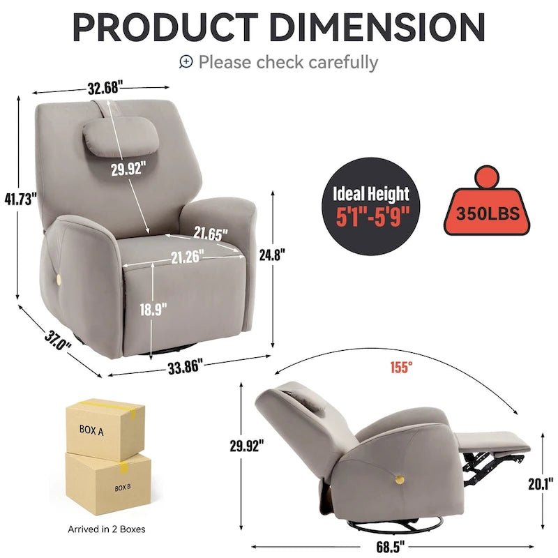 Swivel and Rocker Power Recliner Chair with Lumbar and Neck Support Pillow, Max Swivel Degree 270, USB and Type-C Ports