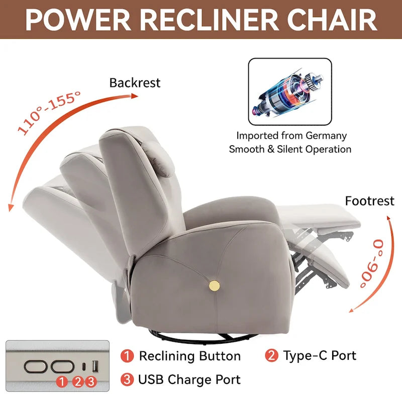Swivel and Rocker Power Recliner Chair with Lumbar and Neck Support Pillow, Max Swivel Degree 270, USB and Type-C Ports