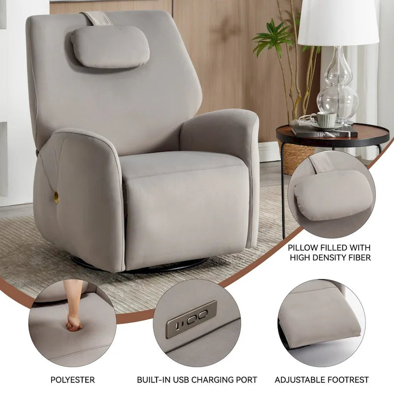 Swivel and Rocker Power Recliner Chair with Lumbar and Neck Support Pillow, Max Swivel Degree 270, USB and Type-C Ports