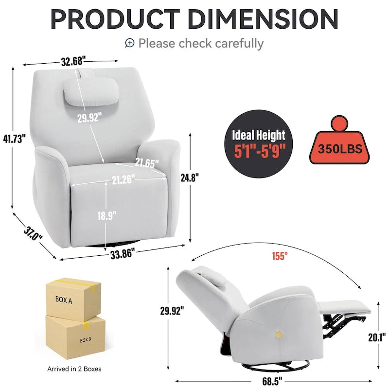 Swivel and Rocker Power Recliner Chair with Lumbar and Neck Support Pillow, Max Swivel Degree 270, USB and Type-C Ports