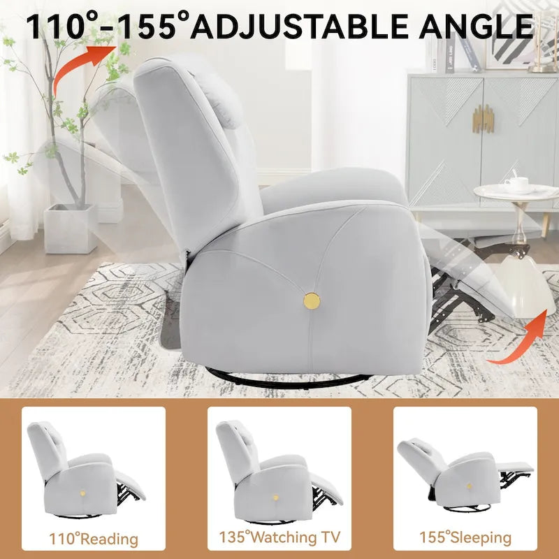 Swivel and Rocker Power Recliner Chair with Lumbar and Neck Support Pillow, Max Swivel Degree 270, USB and Type-C Ports