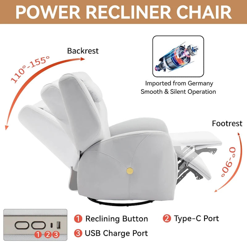 Swivel and Rocker Power Recliner Chair with Lumbar and Neck Support Pillow, Max Swivel Degree 270, USB and Type-C Ports