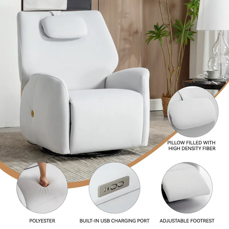 Swivel and Rocker Power Recliner Chair with Lumbar and Neck Support Pillow, Max Swivel Degree 270, USB and Type-C Ports